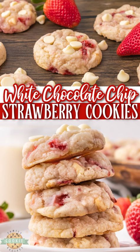 Easy Xmas Dessert, Strawberry Cookie Recipe, Strawberry Chocolate Chip Cookies, Bake Sale Treats, Strawberry Shortcake Cookies, Strawberry Cookie, Fresh Strawberry Recipes, Cookie Recipes From Scratch, Dessert From Scratch