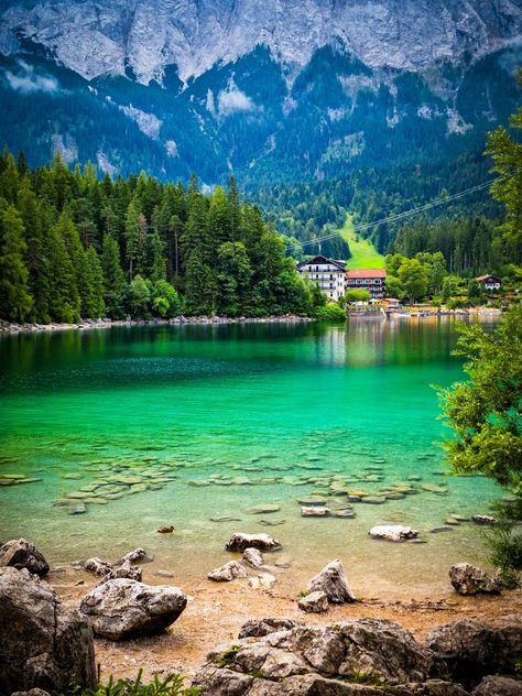 Lake Eibsee in the Bavarian Alps, directly at the bottom of the Zugspitze Lake Eibsee, European Bucket List, Bavarian Alps, Voyage Europe, Nice Things, Bavaria, Bucket List, Places To Visit, Art Inspiration