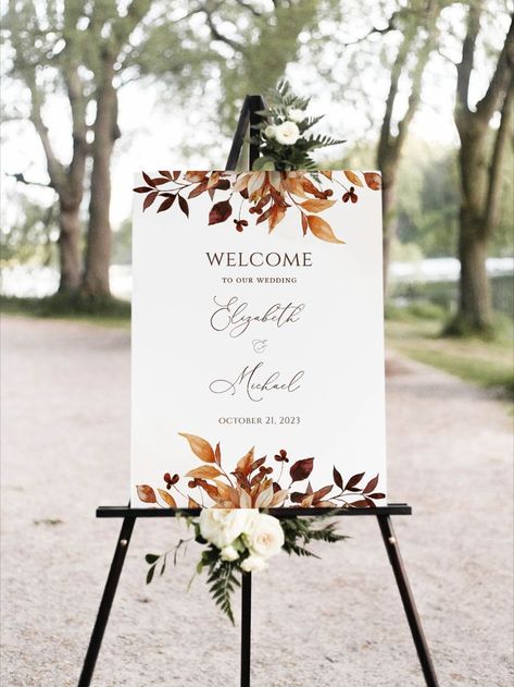 Fall Wedding No Orange, Autumn Theme Wedding Decorations, Autumnal Wedding Decorations, Fall Wedding Welcome Sign, Autumn Wedding Ceremony, Autumn Welcome Sign, Fall Wedding Seating, Fall Engagement Parties, Autumn Wedding Ideas