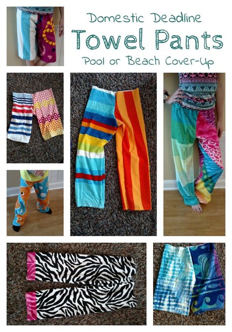 In under an hour, make DIY towel pants using two beach towels. They make great cover-ups for days at the beach or pool with a little bit of sewing. How To Make Towel Pants, Towel Cover Up Diy, Towel Pants Pattern, Towel Shorts Diy, Apron Shirt, Towel Pants, Towel Shorts, Pants Diy, Ideas For Sewing