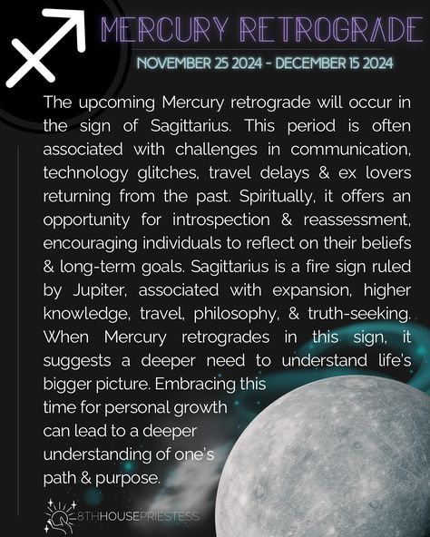 SWIPE THROUGH ➡️🔮HOROSCOPES FOR EACH ZODIAC SIGN 🌟 🔭 Heads up! The upcoming Mercury retrograde in Sagittarius ♐️ on November 25th 2024 is bringing its own cosmic mix. Expect some communication hiccups, tech surprises & maybe even a blast from the past. But don’t worry—this is also a powerful time for introspection & reassessment. Sagittarius, ruled by Jupiter, invites us to explore life’s bigger picture, expanding our minds through travel, philosophy & truth-seeking. Use this period to reflec... Mercury Retrograde In Sagittarius, Mercury Retrograde 2024, Jupiter In Sagittarius, Spiritual Awakening Stages, Spiritual Awakening Higher Consciousness, Spiritual Awakening Signs, Chakra Affirmations, Bigger Picture, Each Zodiac Sign