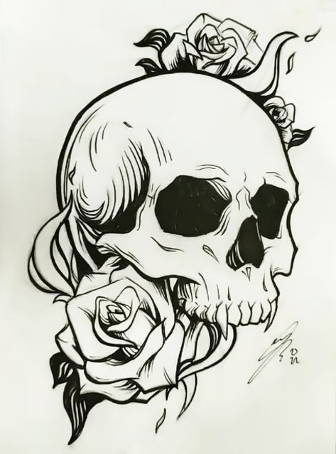 Skull And Rose Drawing Simple, Drawings Of Skulls And Roses, Skulls And Roses Drawing, Skull And Roses Drawing, Tattoo Designs Drawings Sketches Ideas Easy, Roses And Skulls Tattoo, Skull Art Drawing Sketches, Skull With Roses Drawing, Skull Rose Drawing