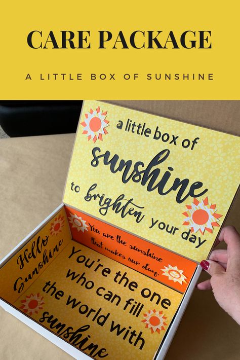 Includes a free printable.  This post shares how I made my box of sunshine box, where I got my box, info on my mailing labels, and great care package items.  This sunshine care package is great for college students, as a friendship care package, as a gift well care package, for military care packages and more. Military Care Packages, Sunshine Care Package, Sunshine Box, Diy Care Package, Yellow Items, Military Care Package, Health Gifts, Box Of Sunshine, Package Ideas