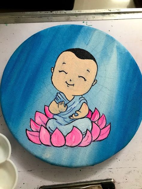 Cute Buddha Painting, Painting On Round Canvas Acrylics, Budda Paint, Drawing On Circle Canvas, Baby Buddha Drawing, Laughing Buddha Painting, Buddha Doodle Art, Buddha Painting Simple, Shivji Painting