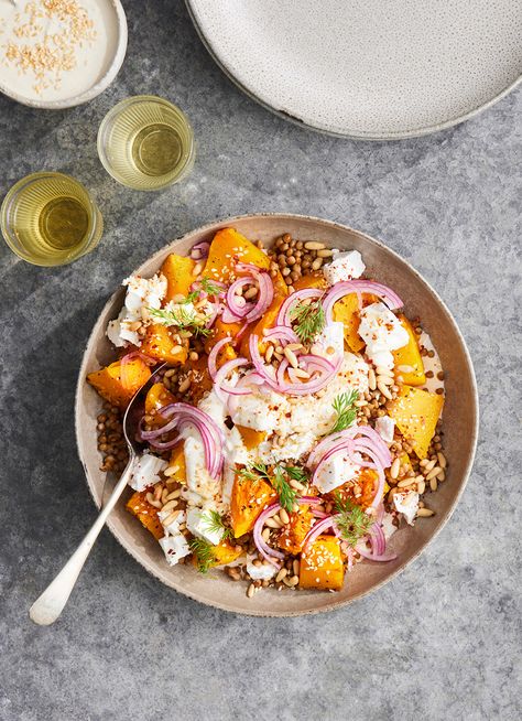 Ramadan Soup, Roasted Veg Salad, Dish Magazine, Crunchy Toppings, Aussie Recipes, Feta Dressing, Roast Pumpkin Salad, Nourish Bowls, Grain Salads