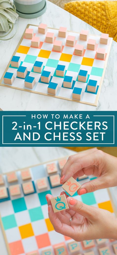 Make a checkers and chess 2 in 1 set to play at home! You can DIY this simple project in an afternoon and be playing a board game in no time. This is great for a family activity or craft idea to try. Awesome for homeschool, summers, and kid craft projects. Click for the tutorial! Homemade Board Games, Handmade Games, Board Games Diy, Diy Kids Games, Wood Games, Board For Kids, Vbs Crafts, Wooden Games, Kid Craft