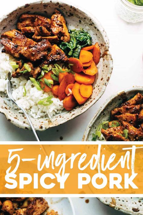 5 Ingredient Spicy Pork! A fancy-feeling dinner recipe that actually comes together in snap. Serve it in bowls, stir-fry it with some veggies, or add it to burritos! #bowls #easydinner #pork