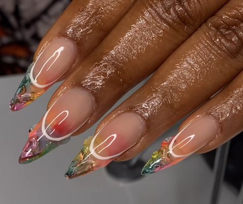 Aruba Inspired Nails, Creative Almond Nails Art Designs, Short Stilleto Nails Acrylics, Clean Almond Nails, Almond Nails Designs Summer 2024, Asymmetrical Nails, Dope Nail Designs Summer, Aquarius Nails, Music Festival Nails