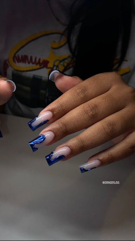 Follow me on the gram🫶🏾 @donebyliss Sapphire Blue Chrome Nails, Blue Chrome Makeup, Blue And Silver Nails For Prom, Blue Nails Ideas Black Women, Dark Blue Cute Nails, Black Blue Acrylic Nails, Nail Designs For Prom Blue, Blue And Silver Nail Designs Prom, Blue Birthday Nails Black Women