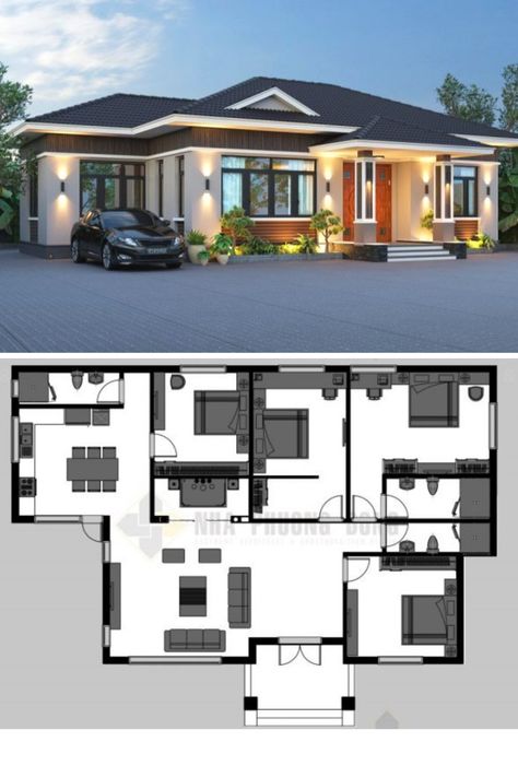 Expansive one-storey villa with four bedrooms Simple Bungalow House Designs, Modern Bungalow House Plans, Bungalow Style House, Plan Villa, Bungalow Floor Plans, Bungalow Style House Plans, Villain Aesthetic, House Plans Mansion, Affordable House Plans