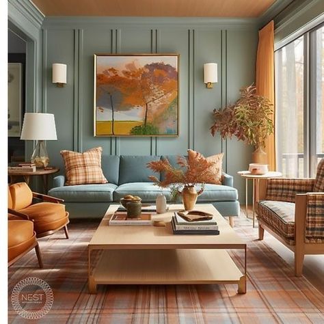 Facebook Colorful Family Room, Blue Family Room, Blue Family Rooms, Paneled Walls, Family Room Colors, Comfy Armchair, Rich Color Palette, Painted Paneling, Vintage Interiors