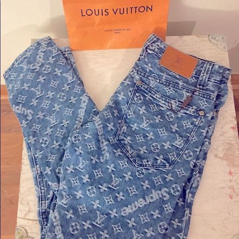 Louis Vuitton x Supreme Jacquard 5 pocket denim pants Luis Vuitton Clothes, Louis Vuitton Tracksuit, Louis Vuitton Outfits, Louis Vuitton Clothes, Louis Vuitton Jeans, Vuitton Outfit, Louis Vuitton Jacket, Louis Vuitton Outfit, Denim Diy Clothes