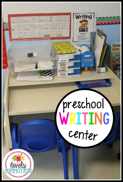 blog — Lovely Commotion Preschool Writing Center, Writing Center Ideas, Writing Center Preschool, Pre-k Writing, Preschool Classroom Setup, Writing Center Kindergarten, Writing Center Activities, Preschool Room, Writing Materials