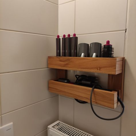 Hair Tools Organization Diy Wall, Airwrap Storage Ideas, Dyson Hair Tools Organization, Dyson Airwrap Holder, Dyson Air Wrap Holder, Dyson Bathroom Storage, Diy Dyson Airwrap Storage, Dyson Airwrap Storage Ideas, Dyson Air Wrap Storage Ideas