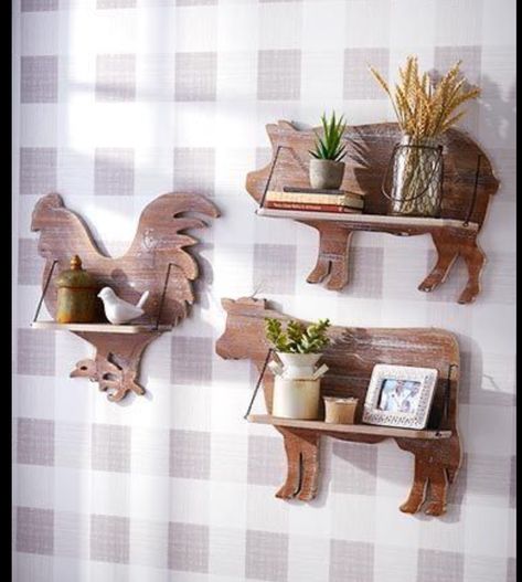 Farm Animal Decor Kitchen, Shutter Shelves, Chicken Decor Kitchen, Hen Art, Kitchen Wishlist, Farm Animals Decor, Country Rooster, Family Room Furniture, Decorative Shelf