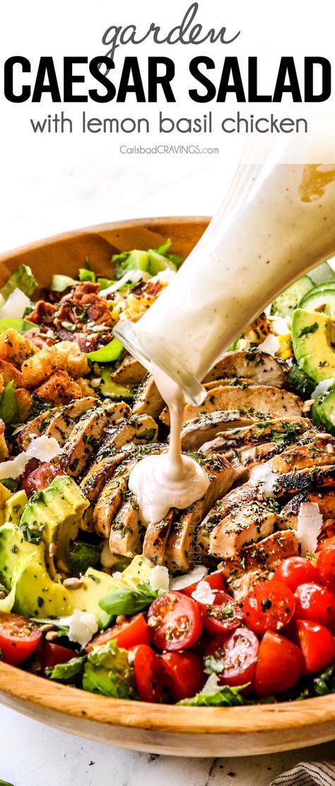 Chicken Caesar Salad with Lemon Basil Chicken - Carlsbad Cravings Salads Easy, Delicious Salad Recipes, Chicken Breast Salad, Chicken Caesar Salad Recipe, Lemon Basil Chicken, Homemade Caesar Salad Dressing, Grilled Chicken Caesar Salad, Spring Mix Salad, Classic Caesar Salad