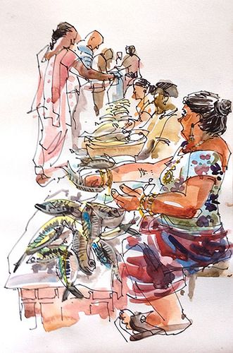 Fish Market. Panjim, Goa | Flickr - Photo Sharing! Urban Sketchbook, Urban Drawings, Panjim Goa, Sketching People, Wash Drawing, Urban Sketches, Pen And Wash, Urban Sketch, Water Pictures