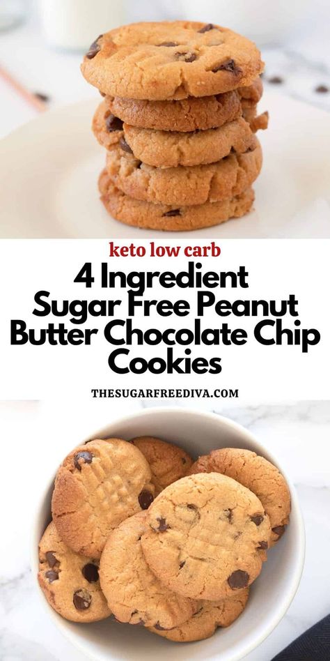 Sugar Free Chocolate Chip Peanut Butter Cookies, a simple four ingredient cookie or dessert recipe that is keto and low carb. Sugar Free Peanut Butter Cookies, Quick Chocolate Chip Cookies, Chocolate Chip Peanut Butter Cookies, Sugar Free Chocolate Chip Cookies, Low Carb Chocolate Chip Cookies, Keto Peanut Butter Cookies, Sugar Free Peanut Butter, Sugar Free Baking, Sugar Free Recipes Desserts