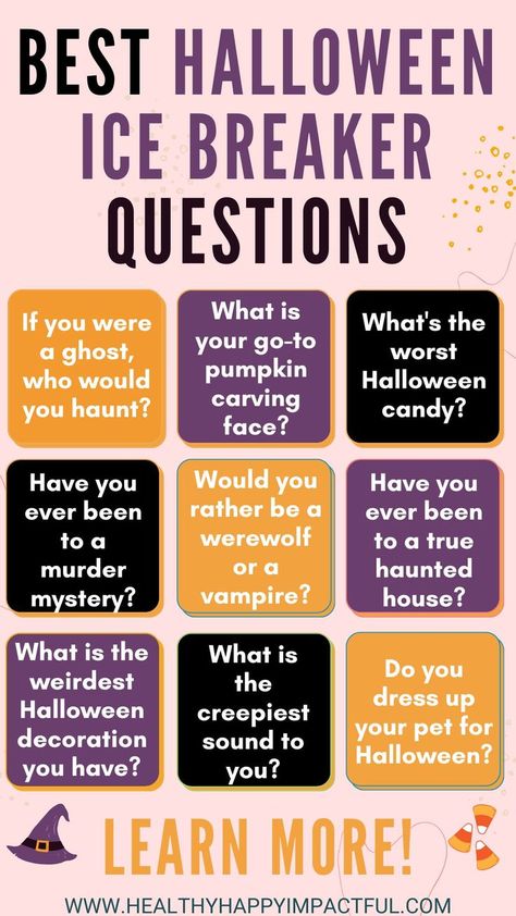 Square examples of Halloween icebreakers Ice Breaker Questions For Kids, Questions To Ask Friends, Questions To Ask Kids, Ice Breaker Games For Adults, Halloween Questions, Funny Ice Breakers, Icebreakers For Kids, Family Conversation Starters, Introduction Activities