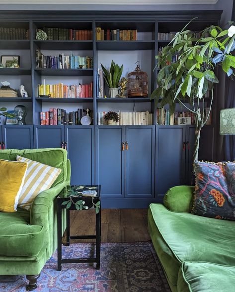 Hague Blue vs Stiffkey Blue - Which Farrow & Ball Blue Shade? 12 Blue Paint Shades, Bookcase Ikea Hack, Billy Bookcase Ikea, Farrow Ball Blue, Stifkey Blue, Bookcase Ikea, Stiffkey Blue, Billy Bookcase, Blue Living Room