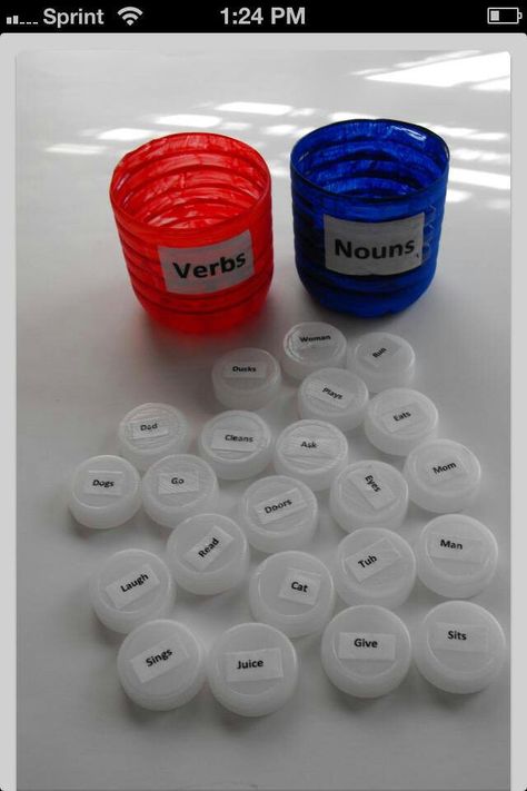 Verbs & nouns.. Recycled bottle and caps. (picture only) Nouns And Verbs, Daily Water, Teaching Grammar, First Grade Reading, Teaching Literacy, Word Study, Language Activities, Teacher Tools, Literacy Activities