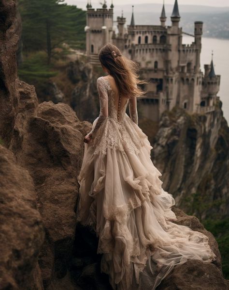 A woman, ethereal in a lavish wedding dress, stands against a backdrop of cliffs and a castle, weaving a tapestry of fairycore, celebrity photography, and dark whimsicality, creating a surreal, romantic depiction that is hauntingly beautiful. Whimsical Photoshoot, Ethereal Photography, Castle Exterior, Lux Series, Fairytale Aesthetic, Dream Fantasy, Royal Aesthetic, Wild Beauty, Castle Ruins