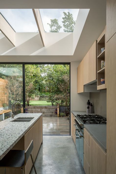 Kitchen Extension Skylight, Sky Lights In Kitchen, Lighting Ideas For Low Ceilings, Ideas For Low Ceilings, London Homes Interior, Kitchen Lighting Ideas For Low Ceilings, Kitchen Skylight, Townhouse London, Family Townhouse