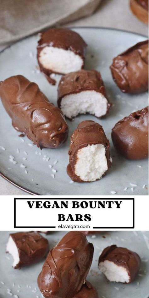 These homemade coconut chocolate bars (vegan Bounty bars) are the perfect dessert if you love coconut and chocolate. Only 7 ingredients and no oven required. This no-bake recipe is vegan, gluten-free, easy to make and can be made refined sugar-free, and keto-friendly. #veganbounty #glutenfree #Bounty #bountybars #vegandessert #chocolate #coconut #elasrecipes | elavegan.com Mound Bars, Homemade Vegan Chocolate, Chocolate Coconut Bars, Mounds Bars, Bounty Bars, Coconut Chocolate Bars, Vegan Chocolate Bars, Coconut Candy, Vegan Baking Recipes