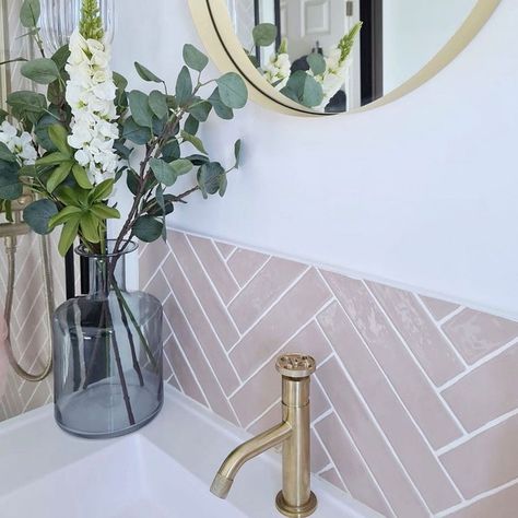 Pink Tile Bathroom, Pink Bathroom Tiles, Cloakroom Toilet, Pink Toilet, Pink Tile, Pink Bathroom Decor, Topps Tiles, Tile Layout, Downstairs Loo