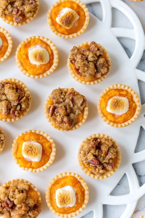 Mini Sweet Potato Casserole Bites | Pizzazzerie Mini Sweet Potato Desserts, Mini Sweet Potato Casserole Bites, Sweet Potato Casserole Individual, Appetizer With Sweet Potatoes, Sweet Potato Tarts Mini, Sweet Potato Party Food, Mini Thanksgiving Food, Sweet Potato Casserole Cups, Sweet Potato Mini Muffins