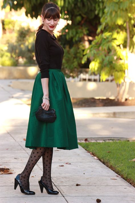 Skirt Green Outfit, Skirt And Tights Outfit, Classy Skirt Outfits, Green Fit And Flare Dress, Polka Dots Skirt, Green Midi Skirt, Classy Skirts, Polka Dot Tights, Dressy Attire