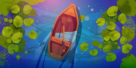 Wooden boat on lake top view, skiff with paddle. And silk scarf on wild pond with nenuphars or water lily pads. Natural background with lotus leaves, green stock illustration Lake Top View, Water Lily Leaves, Lily Leaves, Boat On Lake, Boat Illustration, Boat Drawing, Lotus Pond, Isometric Illustration, Night Forest