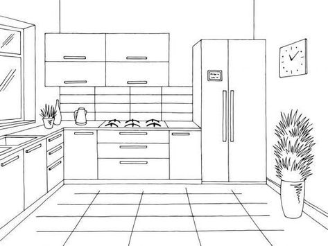 Interior Design Sketchbook, Flat Interior Design, Drawing Furniture, Furniture Sketch, Kitchen Drawing, Drawing Interior, Interior Architecture Drawing, Kitchen Layout Plans, Interior Design Drawings