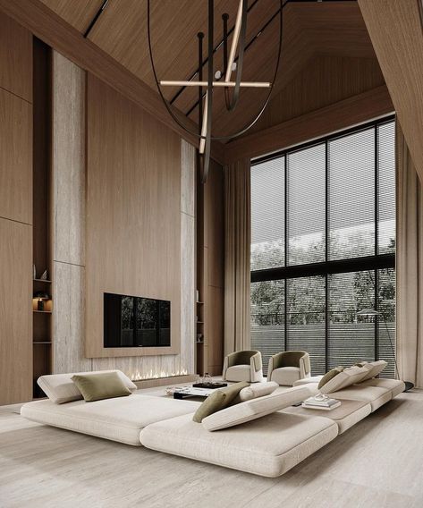 Design • Instagram Double Height Living Room, Oak House, High Ceiling Living Room, Living Tv, Double Height, Home Entrance, Luxury Living Room Design, 아파트 인테리어, Casa Exterior