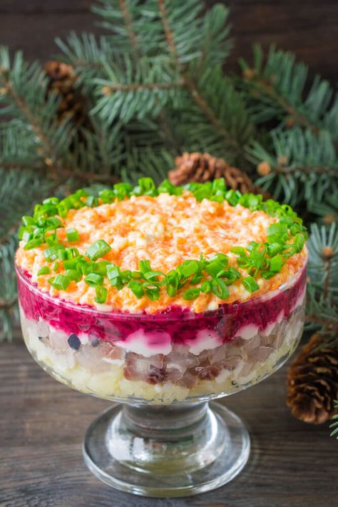 Layered Beet salad with Herring that gets its unique name from the beets, potatoes, carrots and scallions that cover the diced herring like a fluffy coat. Each layer is dressed with either a mayo or sour cream dressing, but in my family, it has always been only mayonnaise. #herringsalad #herring #beetsalad #shyba #salad #sidedish Shuba Recipe, Beet Salad, Appetizer Salads, Best Dinner Recipes, Easy Cooking Recipes, Russian Recipes, Delicious Dinner Recipes, Cooking Recipes Desserts, Healthy Salad Recipes