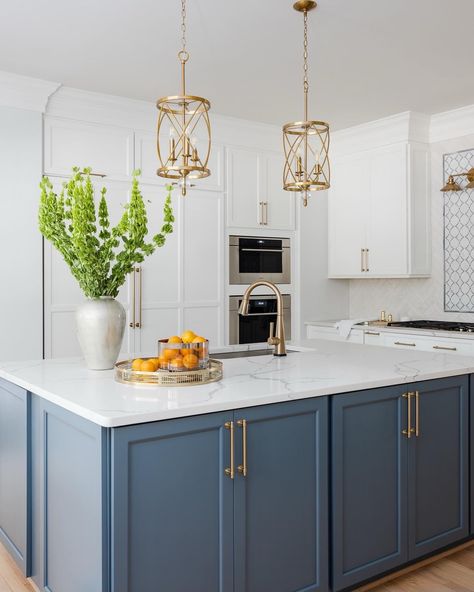 Blue And Gold Kitchen Cabinets, Modern Farmhouse Blue Kitchen, Kitchen Ideas Blue Island, White Blue Gold Kitchen, White Navy And Gold Kitchen, Blue And Gold Cabinets, White Kitchen With Navy Blue Island, Kitchen White Cabinets Navy Island, Blue And Cream Cabinets Kitchen