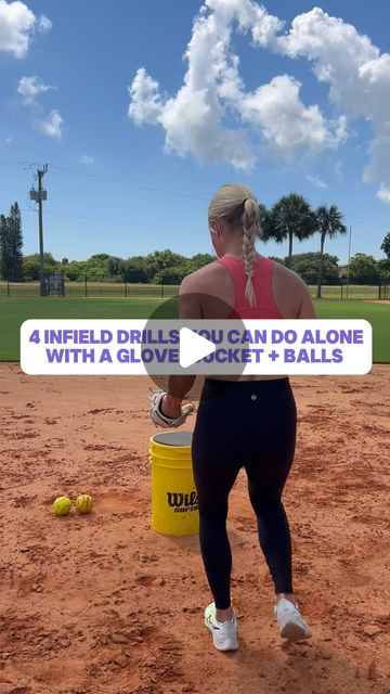 MegRem Softball on Instagram: "Clips from my latest YouTube video “4 infield drills you can do alone with a glove, a bucket + balls.”  When I was younger, I was always throwing a ball off a wall or hitting rocks with sticks. Now that I’m older, I still find ways to get in some reps with minimal equipment/help. No, it’s not perfect but it gets the job done and allows me to work on transfers and arm slots. To be honest, I love the random unpredictable bounces from this because that happens in games and can help work hand eye coordination.   I am using my @vallesportinggoods K47 7in trainer.  Code: megrem  Find a bucket lid that is foam so the ball bounces.  . . . #infielddrills #infield #softball #baseball #softballlife #baseballlife" Drills For Softball, Softball Drills To Do By Yourself, Conditioning Drills For Softball, Softball Fielding Drills, 6u Softball Drills, Softball Practice Drills, Softball Drills At Home, How To Hit A Homerun In Softball, Softball Hitting Drills