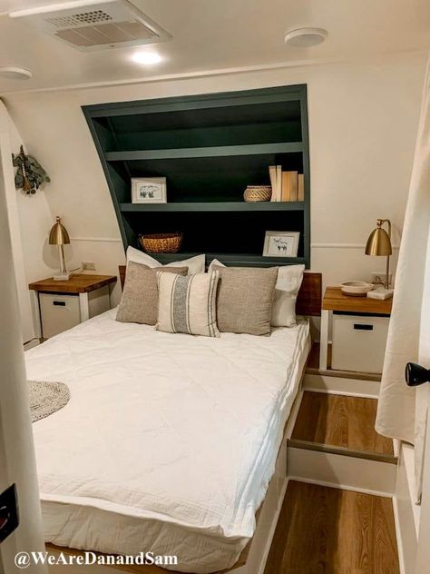 19 Headboard Ideas for Your RV Bedroom Remodel Cozy Rv Bed, Camper Master Bed Remodel, Rv Headboard Ideas, Camper Bedroom Remodel, Rv Headboard, Rv Bedroom Remodel, Trailer Bedroom, Rv Remodeling, Rv Sofas