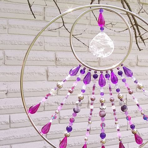 Beaded Suncatcher Diy How To Make, Diy Beaded Suncatchers, Bead Suncatcher Diy, Beads And Wire Sun Catcher, Beaded Suncatcher Diy, Purple Suncatcher, Suncatchers Diy, Beaded Sun Catcher, Crystal Suncatchers Diy