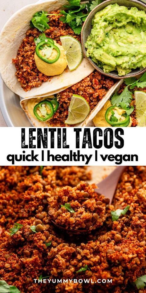 Get ready to fall in love with these vegan lentil tacos from The Yummy Bowl! These beauties are crafted with wholesome plant-based goodness - spices, kale, and juicy tomatoes - all topped off with a heavenly vegan cheese sauce. And let's talk about the taco "meat", it's nut-free, wonderfully chewy, and loaded with protein, making it the perfect meat alternative. Get ready to enjoy a deliciously satisfying taco experience that's sure to leave you smiling! Lentil Meat, Vegan Taco Meat Recipe, Lentil Tacos Recipes, Meat Tacos, Cashew Queso, Vegan Tacos Meat, Lentil Tacos, Veggie Tacos, Vegan Lentil