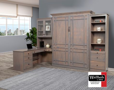 The Oxford Wallbed, new at Wallbeds "n" More. I'm so in love with this murphy bed style and it looks gorgeous in the weathered gray! Murphy Bed Office, Best Murphy Bed, Bookshelf Bed, Murphy Bed Ikea, Murphy Bed Desk, Modern Murphy Beds, Murphy Bed Diy, Murphy Bed Plans, Wood Bedroom Furniture