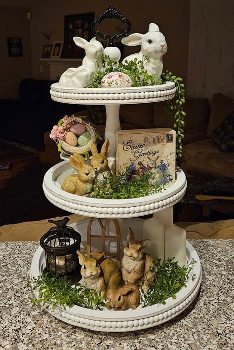 Tiered Tray Decorating & More | Here's my one and only Easter tiered tray | Facebook Tier Tray Ideas, Tiered Tray Stand, Easter Tiered Tray, Happy Easter Everyone, Tray Ideas, Spring Easter Decor, Tiered Trays, Easter Diy, Tiered Tray Decor