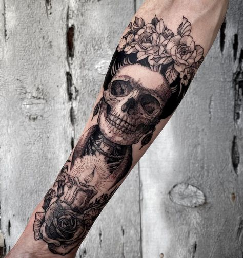 Hispanic Tattoos For Women, Dia De Los Muertos Tattoo Ideas, Hispanic Tattoos, Satanic Tattoos, Artsy Tattoos, Arm Sleeve Tattoos For Women, Lion Tattoo Sleeves, Rose Tattoos For Women, Skeleton Tattoos