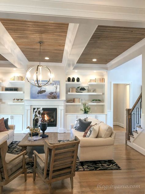 Wood Panel Ceiling With Beams, Family Room Ceiling Ideas, Modern Farmhouse Blue, Luxury Modern Farmhouse, Pop False Ceiling, Beams Living Room, Farmhouse Blue, Ceiling Options, Ceiling Details