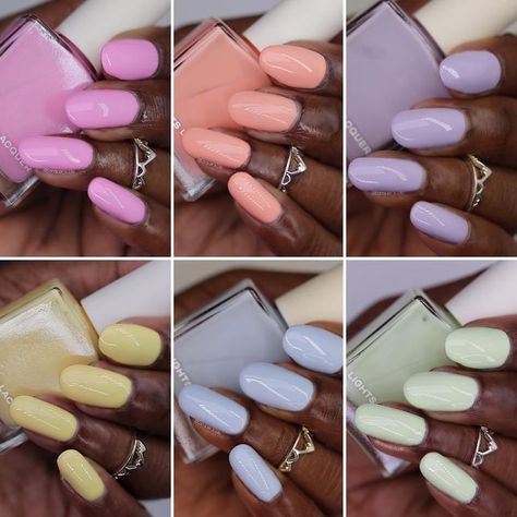 Valerie on Instagram: "*PR Gifted* @lightslacquer “Kat’s Diner” This Collection is a 50’s diner inspired pastel dream 🕺🏽 Use discount Code: VAL10 at checkout. LightsLacquer.com ‘52 Chevy - Pastel key lime pie green Frenchy - Soft peony pink Banana Split - Light banana yellow Juke Box Baby - Pastel periwinkle purple Easy As Pie - Pastel blueberry Order Up! - Pastel papaya orange #lightslacquer #kathleenlights #newnails #nailpolish #nails #wocnails #wocnailswatches #beautyblogger #nailblogger # Light Purple And Yellow Nails, Light Yellow Nails Pastel, Plain Pastel Nails, Light Pastel Nails, Banana Yellow Nails, Baby Yellow Nails, Pastel Orange Nails, Solid Color Nail Ideas, Spring Nails Pastel