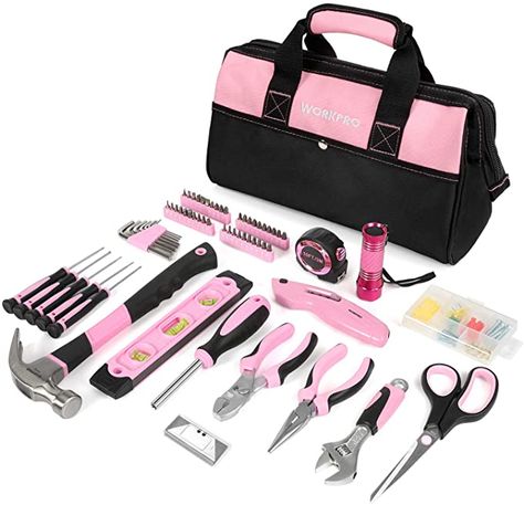 WORKPRO 106-Piece Home Tool Kit, Pink Ladies Tool Kit with Tool Storage Bag - Durable, Long Lasting Chrome Finish Tools - Perfect for DIY, Home Repair : Amazon.co.uk: DIY & Tools Pink Tool Set, Basic Tool Kit, Pink Tools, Pink Gift Box, Hand Tool Set, Hand Tool Sets, Drill Set, Household Tools, Basic Tools