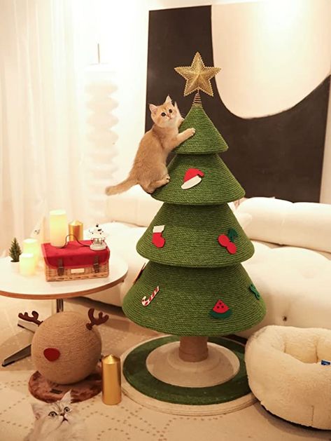 Check this out! Cats Christmas Tree, Diy Cat Christmas Tree, Cat And Christmas Tree, Cat Proof Christmas Decorations, Christmas Tree For Cats, Christmas Cat House, Cat Tree Ideas, Catmas Tree, Cat Proof Christmas Tree