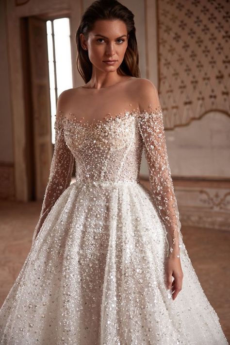 Glittery Wedding, Tailored Wedding Dress, Illusion Wedding Dress, Long Sleeve Bridal Gown, Milla Nova, Fancy Wedding Dresses, Dream Wedding Ideas Dresses, Bridal Robes, Designer Gowns