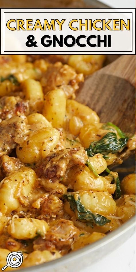 Creamy Chicken and Gnocchi is a one-pot meal that's full of flavor and comfort and is also a quick and easy weeknight dinner. Chicken Gnocchi Recipes Dinners, Instapot Chicken Gnocchi, Crockpot Chicken Gnocchi Recipes, Chicken And Gnocchi Casserole, Chicken Pot Pie With Gnocchi, Creamy Chicken And Gnocchi Skillet, One Pot Gnocchi Chicken Pot Pie, Chicken Bacon Ranch Gnocchi, Gnocci Meals Dinners Easy