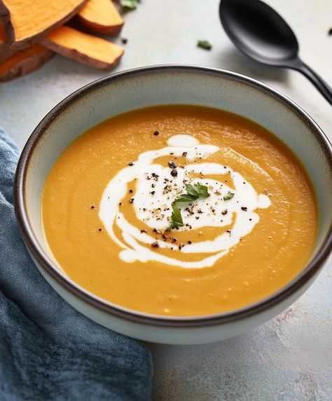 Roasted Sweet Potato Soup Recipe Roasted Sweet Potato Soup, Sweet Potato Bisque, Potato Bisque, Bisque Soup Recipes, Sweet Potato Soup Recipes, Bisque Soup, Garlic Soup, Roasted Sweet Potato, Best Soup Recipes